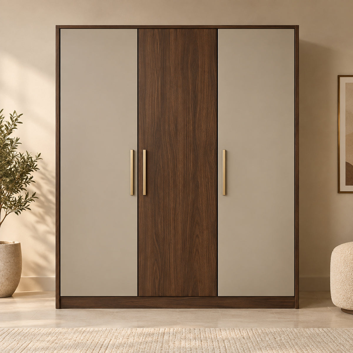 Aspen premium three-door hinged wardrobe in warm greige and dark walnut finish, front view