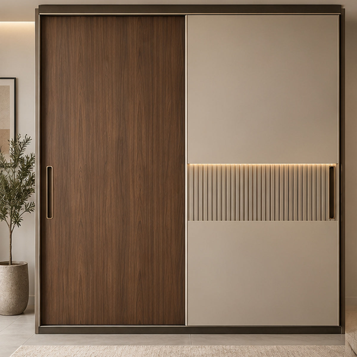 Milano premium sliding wardrobe front view in walnut and warm taupe finish