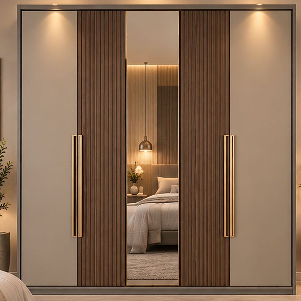 Monaco premium hinged wardrobe in cashmere greige, fluted walnut and mirror finish, front view