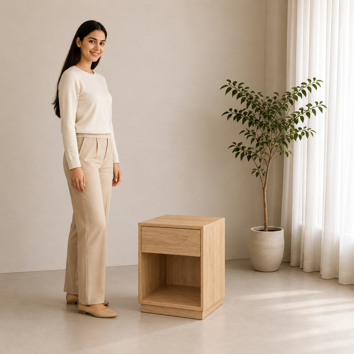 Right Work Aira Natural Oak bedside table with a smiling woman in a warm beige room — three-quarter lifestyle view