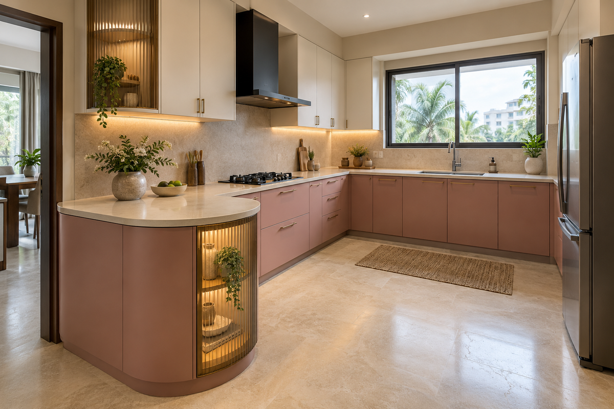 Dusty rose kitchen with rounded counter end and reeded glass display