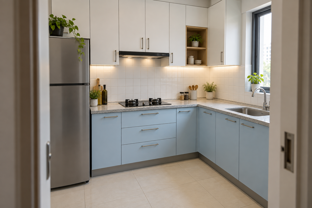 Compact apartment kitchen concept with powder-blue base cabinets and white upper storage