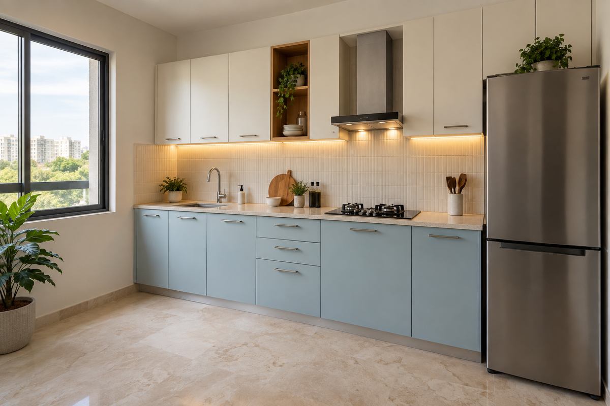 Pale blue single-wall kitchen with ivory cupboards and an oak niche