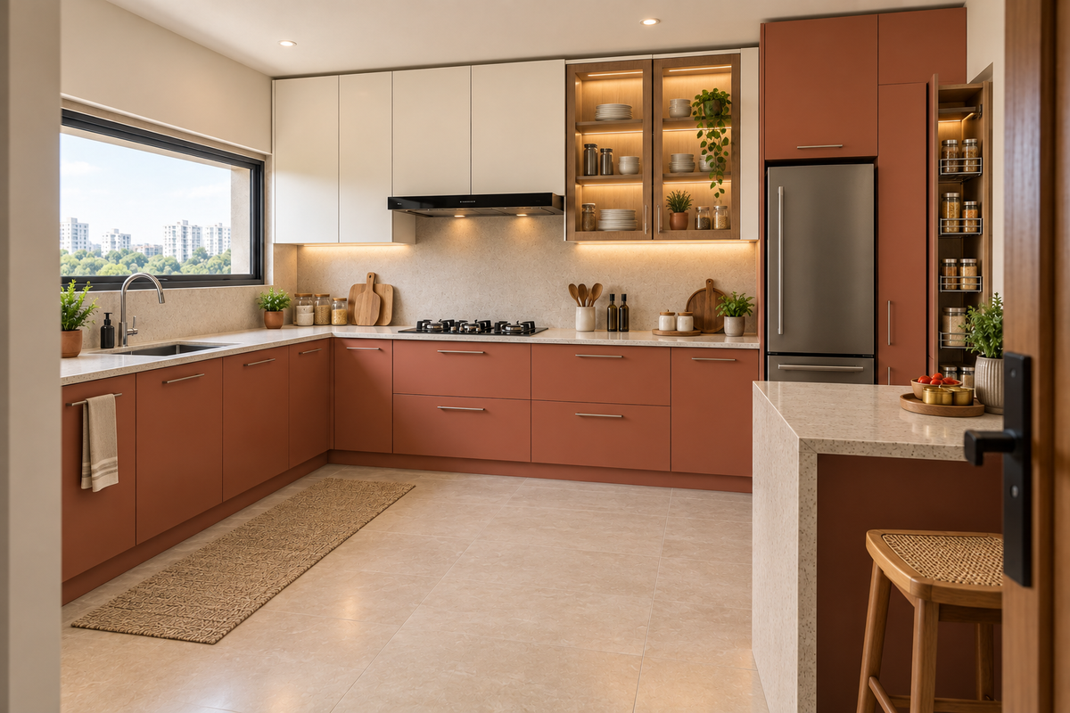 Ember L-Shape modular kitchen in Terracotta & Ivory by Right Work Interior Bangalore