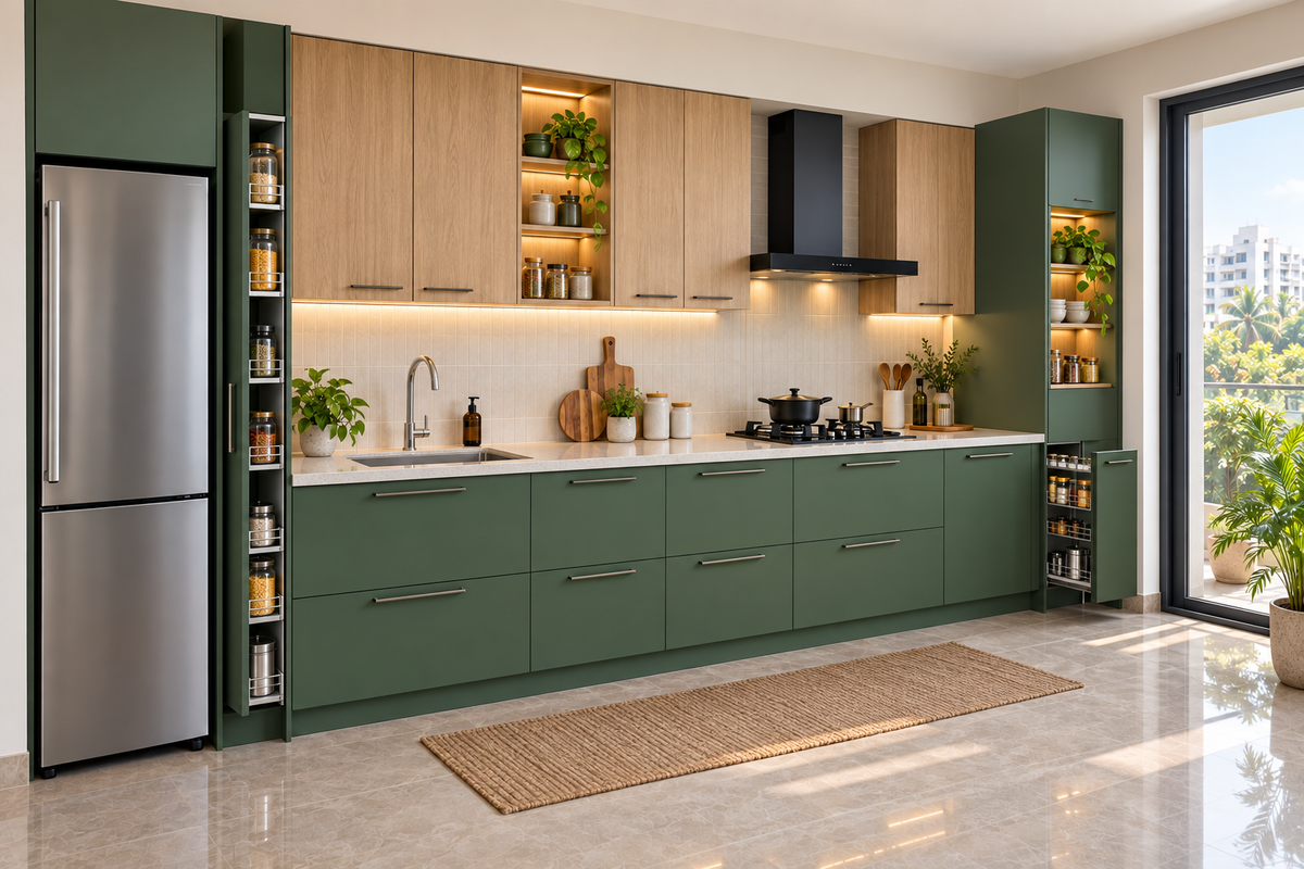 Fern Straight modular kitchen in Forest Green & Oak by Right Work Interior Bangalore
