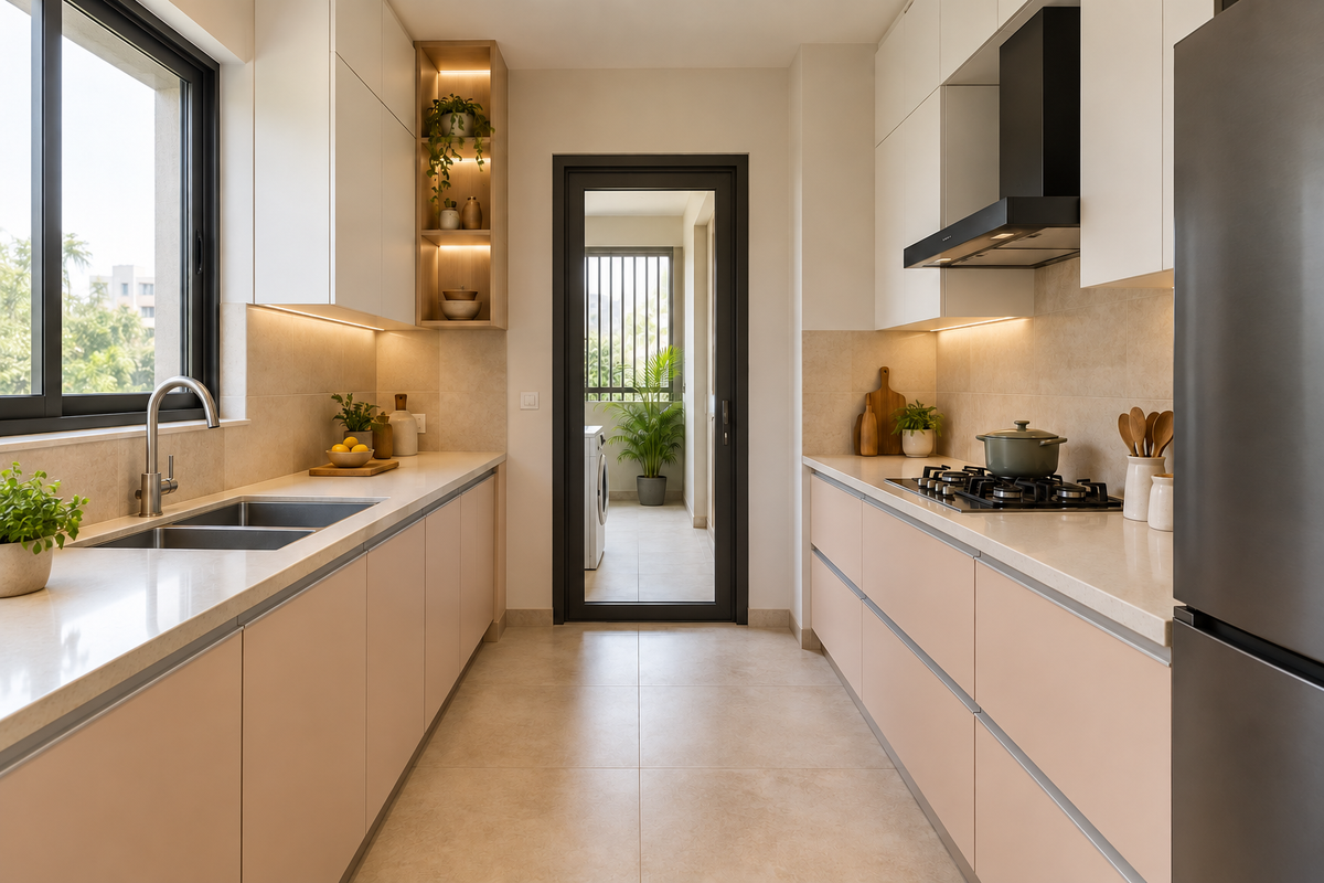 Peach beige parallel kitchen with white wall cupboards and G-profile handles