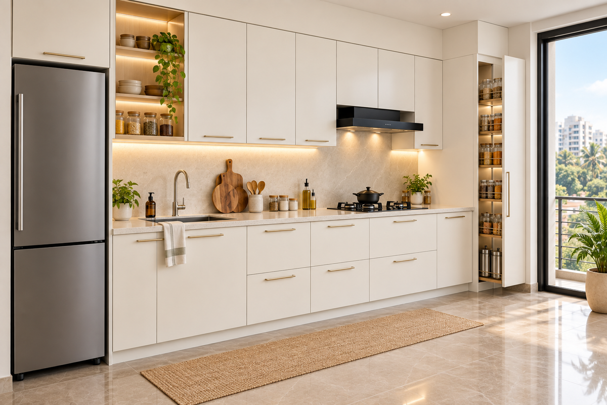 Pearl Straight modular kitchen in Pearl White & Champagne by Right Work Interior Bangalore
