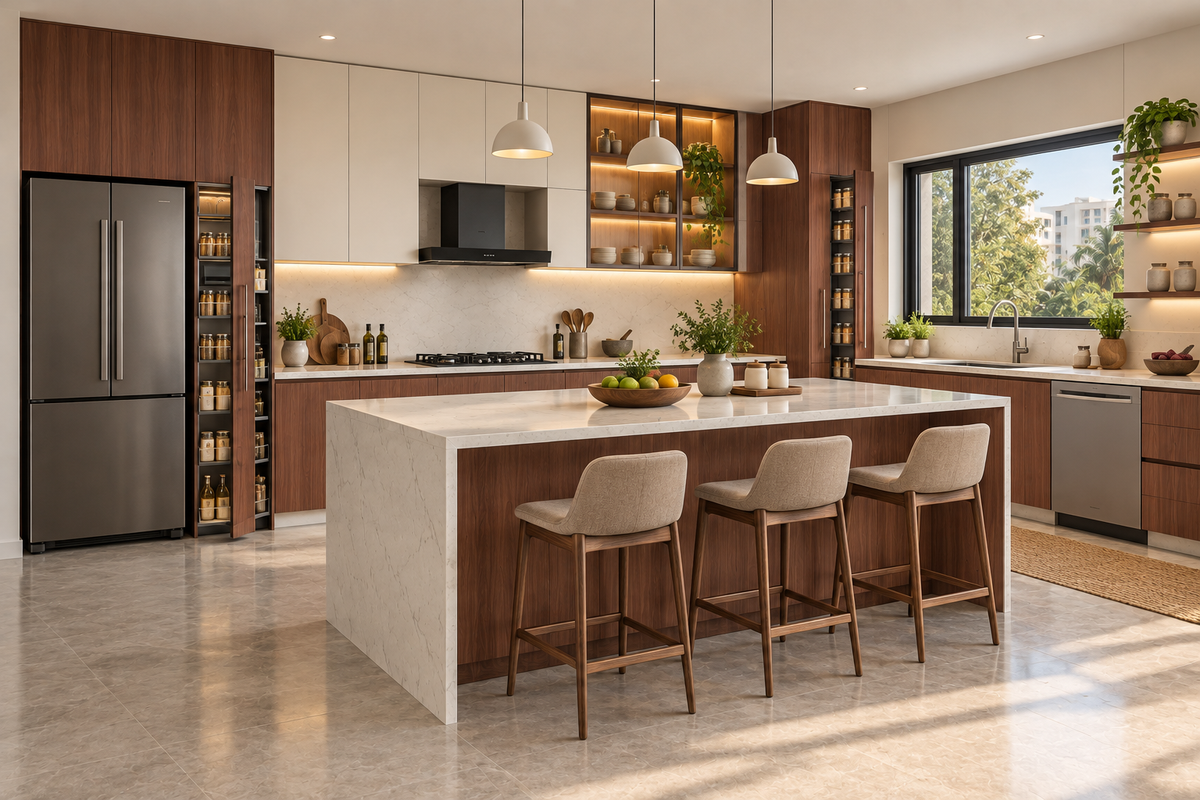Rosewood Island modular kitchen in Rosewood & Warm White by Right Work Interior Bangalore