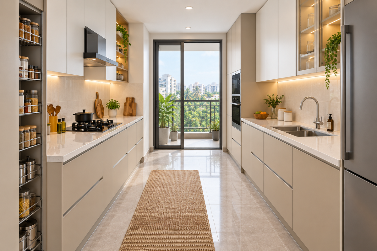 Sand Parallel modular kitchen in Sand Beige & White by Right Work Interior Bangalore