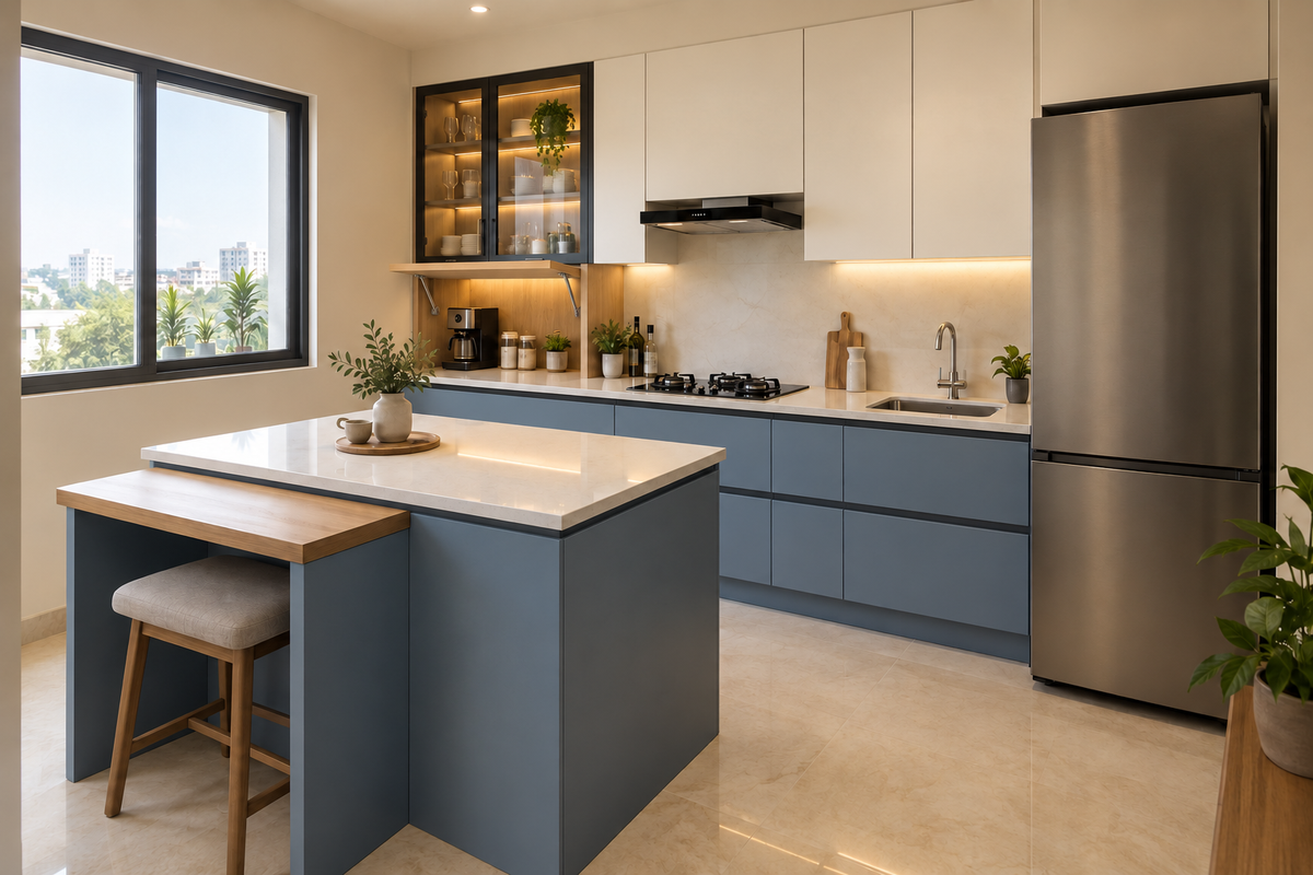 Periwinkle island kitchen with oak seating ledge and black glass cupboards