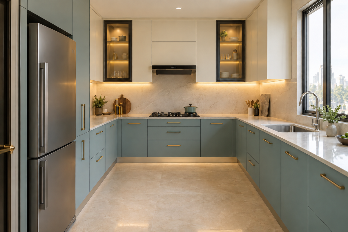 Duck egg blue U-shaped kitchen with illuminated black framed glass cabinets