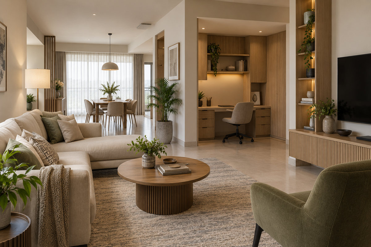 AI interior concept: warm oak apartment living room with practical storage and a compact home office.