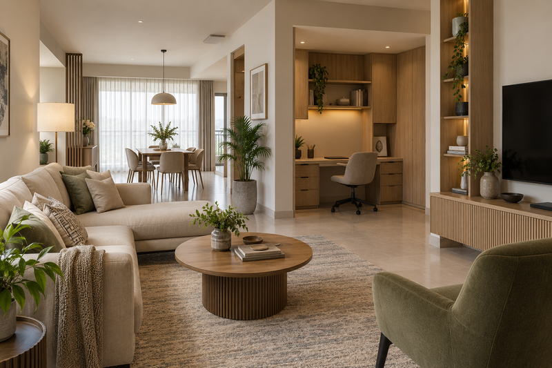 AI interior concept: warm oak apartment living room with practical storage and a compact home office.