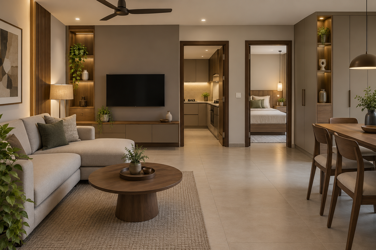 AI interior concept: tidy interior installation with distinct completed storage units and clear room access, walnut and warm taupe finishes.