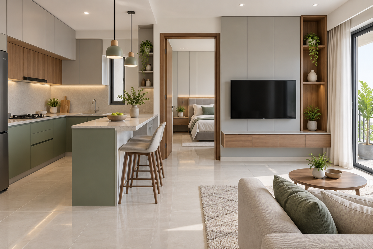 AI interior concept: coordinated sage kitchen and grey-walnut media storage in a finished apartment.