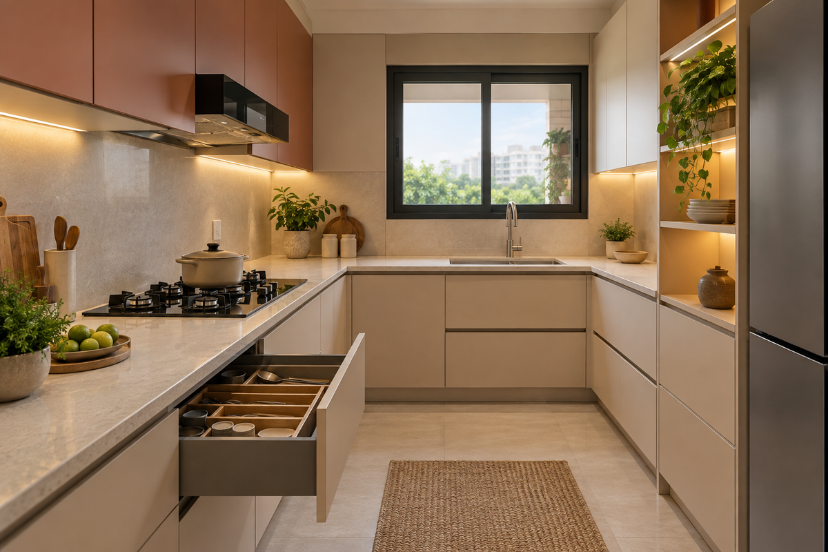 AI interior concept: beautiful functional kitchen with one open drawer and clear appliance and storage arrangement, soft clay and cream finishes.