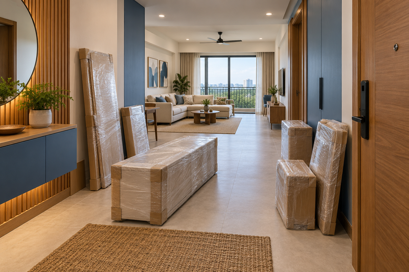 AI interior concept: apartment foyer with neatly wrapped furniture components and a clear route into living room, soft clay and cream finishes.