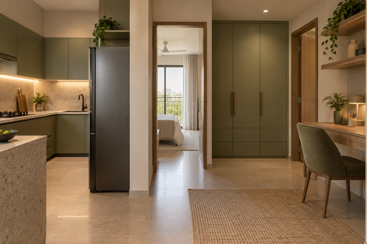 AI interior concept: finished apartment wardrobe kitchen and study details composed for a careful handover walkthrough, pale stone and olive finishes.