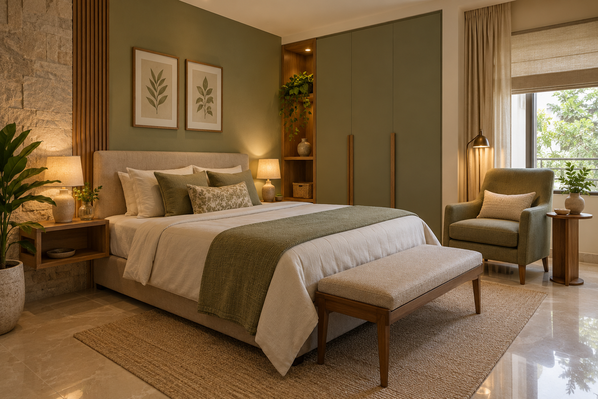 AI interior concept: warm guest bedroom with comfortable reading chair accessible bedside shelf and modest wardrobe, walnut and warm taupe finishes.