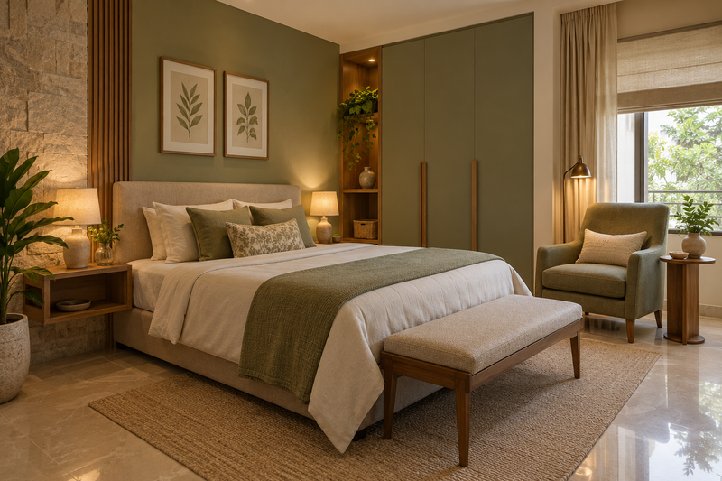 AI interior concept: warm guest bedroom with comfortable reading chair accessible bedside shelf and modest wardrobe, walnut and warm taupe finishes.