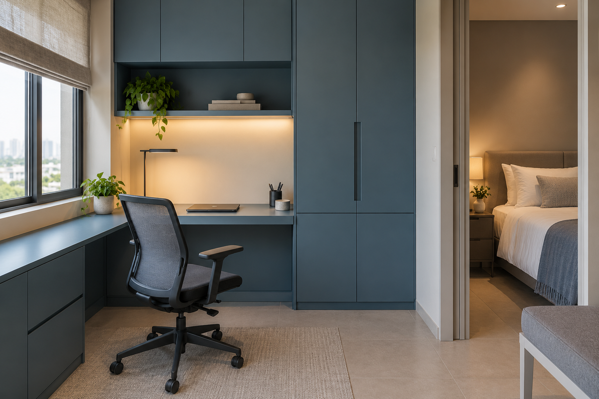 AI interior concept: muted blue home office with closed storage beside a guest bedroom.