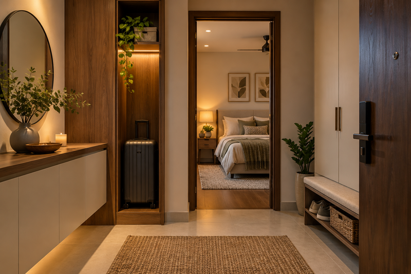 AI interior concept: welcoming apartment entry with a discreet suitcase niche and a ready bedroom beyond, light ash and warm grey finishes.