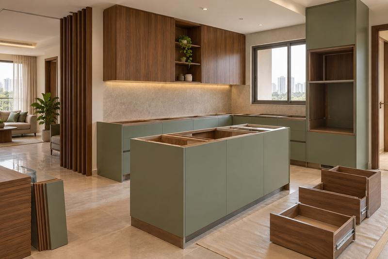 AI interior concept: orderly kitchen installation in progress with neatly arranged cabinetry components, pale stone and olive finishes.