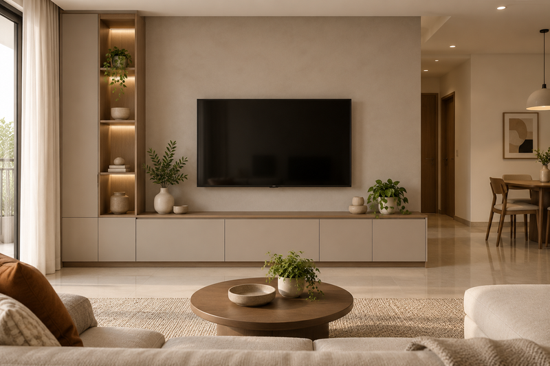 AI interior concept: simple elegant media cabinet with functional closed storage and restrained wall finish, warm oak and ivory finishes.