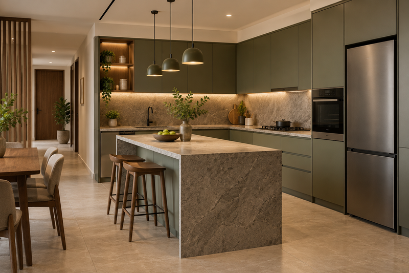 AI interior concept: modern kitchen with integrated unbranded oven refrigerator niche and clear service-aware layout, soft clay and cream finishes.
