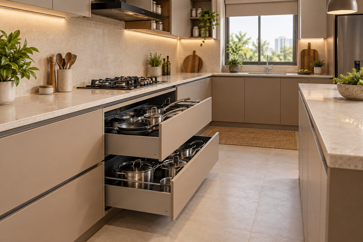 AI interior concept: modern kitchen with two open organised pan drawers and a clear preparation counter, soft clay and cream finishes.