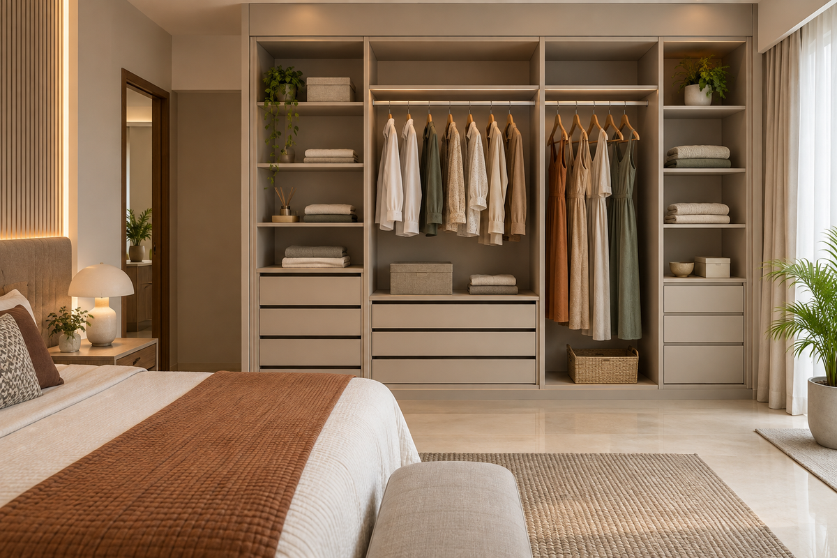 AI interior concept: open wardrobe with aligned drawers shelves and hanging section in a finished bedroom, ivory and understated terracotta finishes.