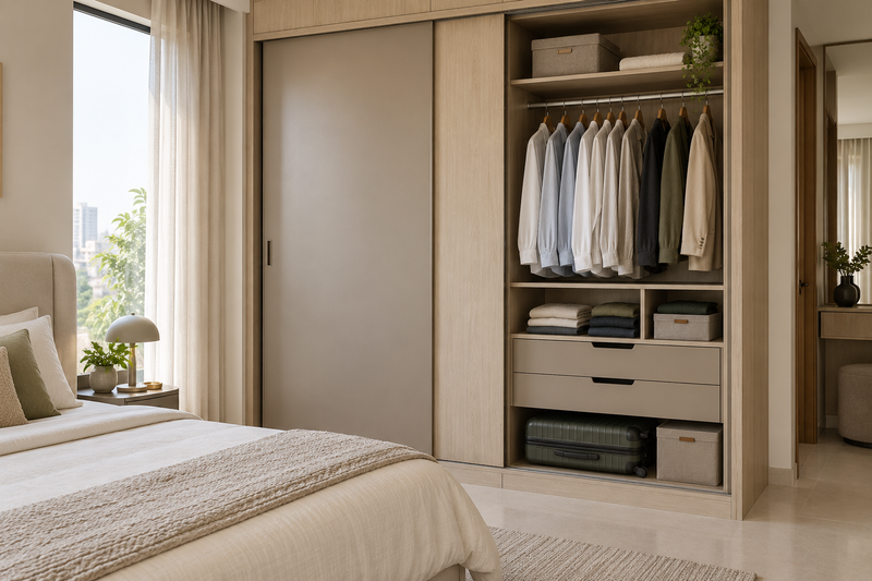 AI interior concept: open sliding wardrobe showing hanging clothes, drawers and luggage storage.