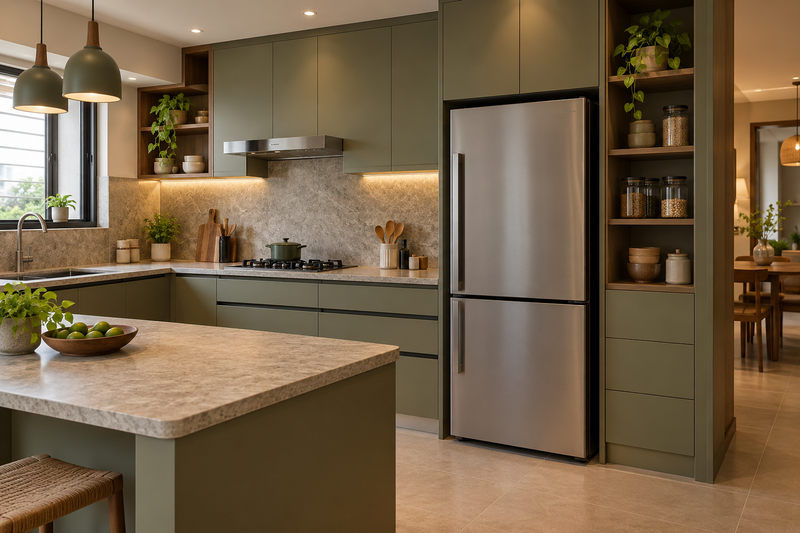 AI interior concept: practical apartment kitchen with a freestanding refrigerator carefully integrated beside pantry storage, light ash and warm grey finishes.
