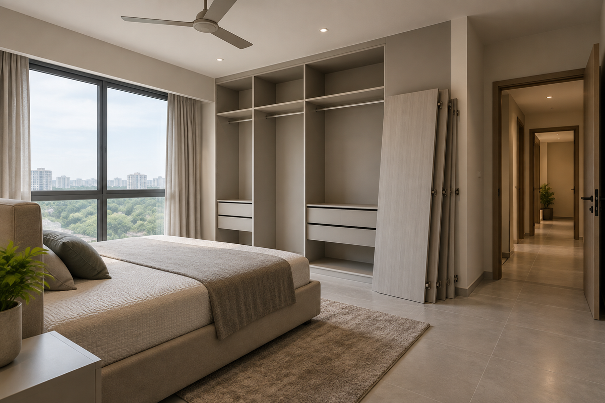 AI interior concept: quiet partially completed bedroom with fitted wardrobe carcass and neatly stacked shutters, walnut and warm taupe finishes.