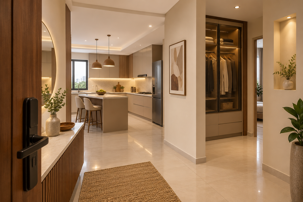 AI interior concept: finished apartment entry opening to visible kitchen and wardrobe areas for a site walkthrough, pale stone and olive finishes.