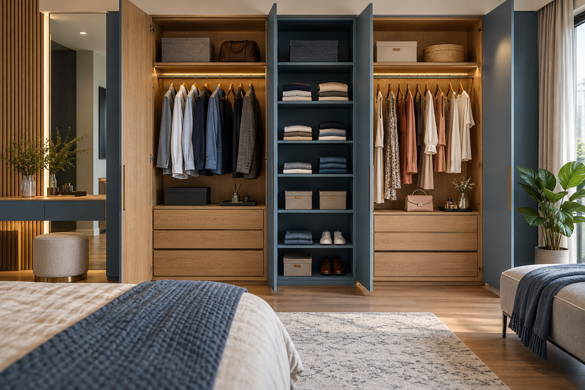 AI interior concept: elegant open wardrobe showing contrasting hanging and folded storage sections for a couple, natural oak and muted blue finishes.