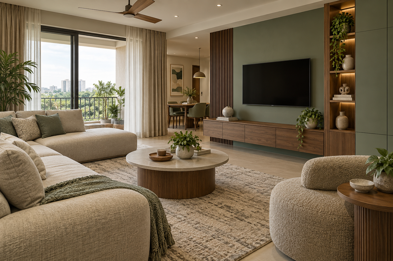 AI interior concept: welcoming family living room with textured neutral upholstery rounded table and practical closed storage, soft clay and cream finishes.