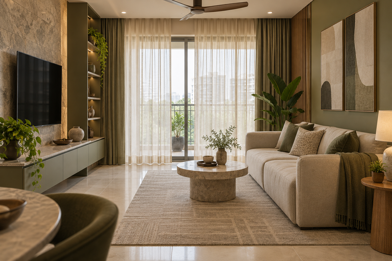 AI interior concept: finished living room with sheer curtains carefully coordinated with storage and compact sofa, warm oak and ivory finishes.