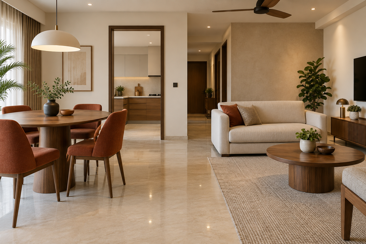 AI interior concept: walnut dining table, terracotta chairs and cream living room with clear circulation.