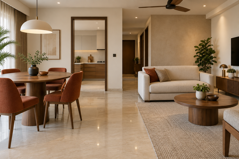 AI interior concept: walnut dining table, terracotta chairs and cream living room with clear circulation.