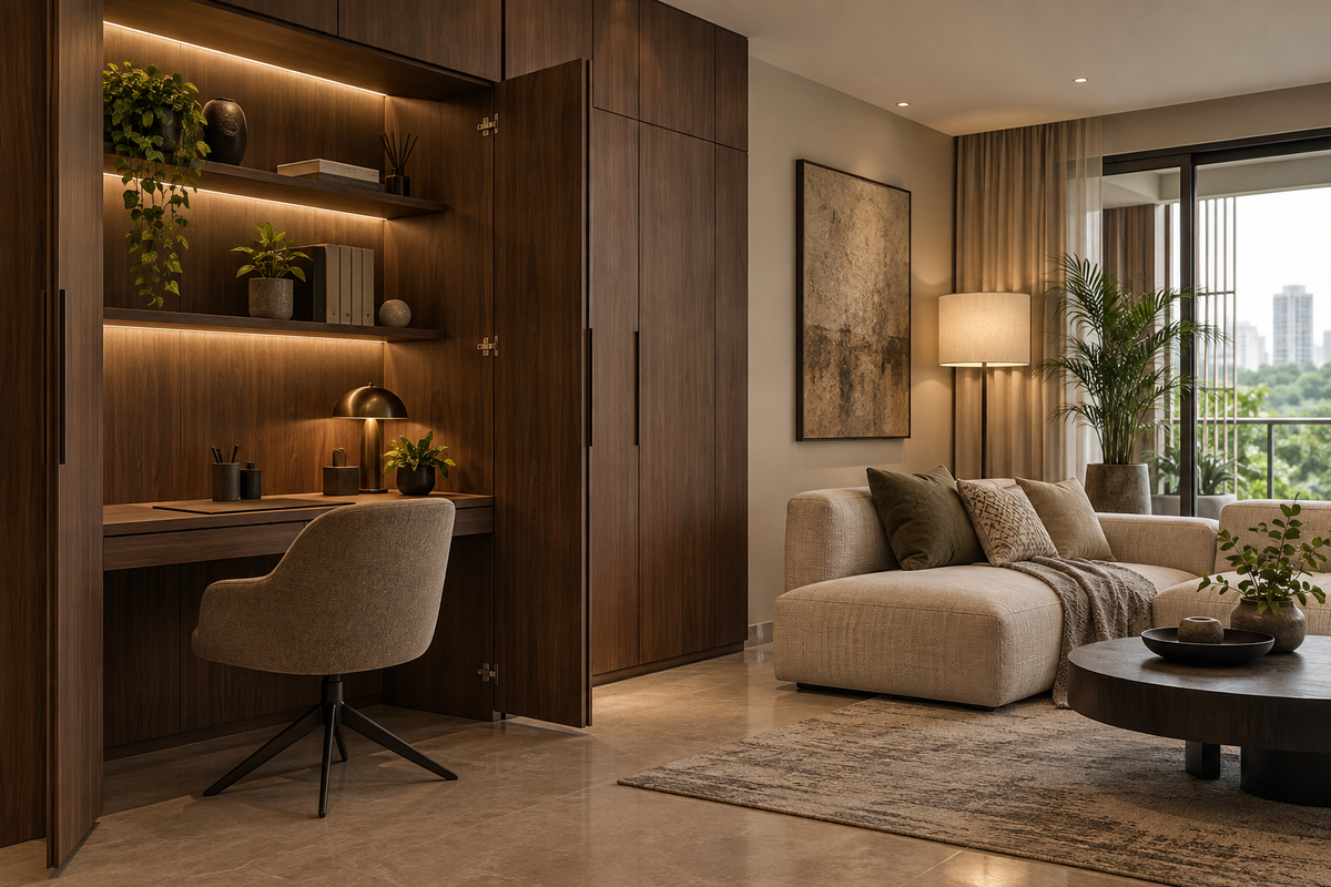 AI interior concept: refined walnut desk alcove with closed work-storage doors beside a calm lounge, walnut and warm taupe finishes.