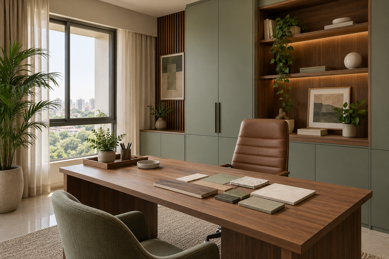 AI interior concept: organised home office with closed storage and a clean table holding unlabelled finish swatches, light ash and warm grey finishes.
