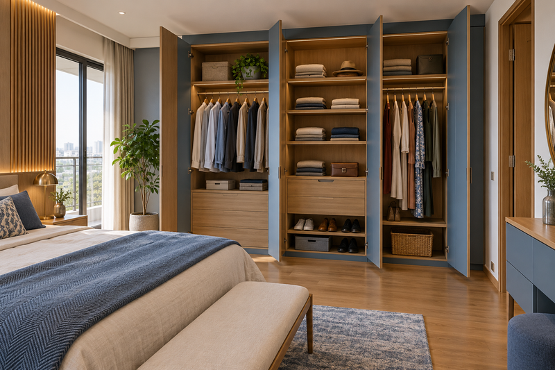 AI interior concept: tailored wardrobe with balanced hanging folded and accessory storage visible through open doors, walnut and warm taupe finishes.