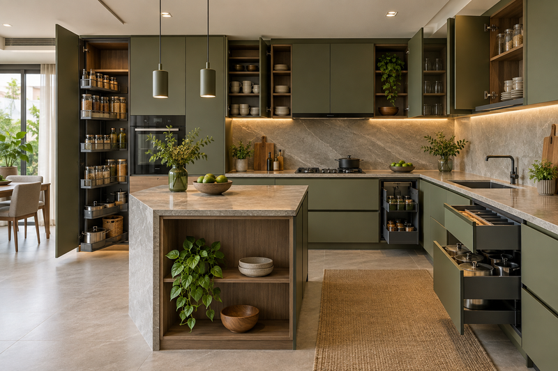 AI interior concept: elegant modular kitchen showing cabinet internals and clean countertop detail, ivory and understated terracotta finishes.