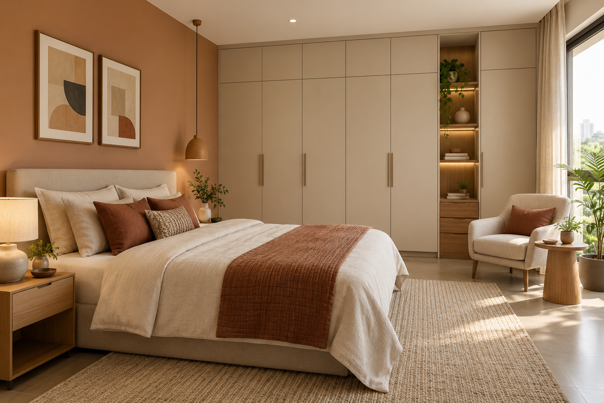 AI interior concept: peaceful warm neutral bedroom with seamless closed storage and a modest reading corner, soft clay and cream finishes.