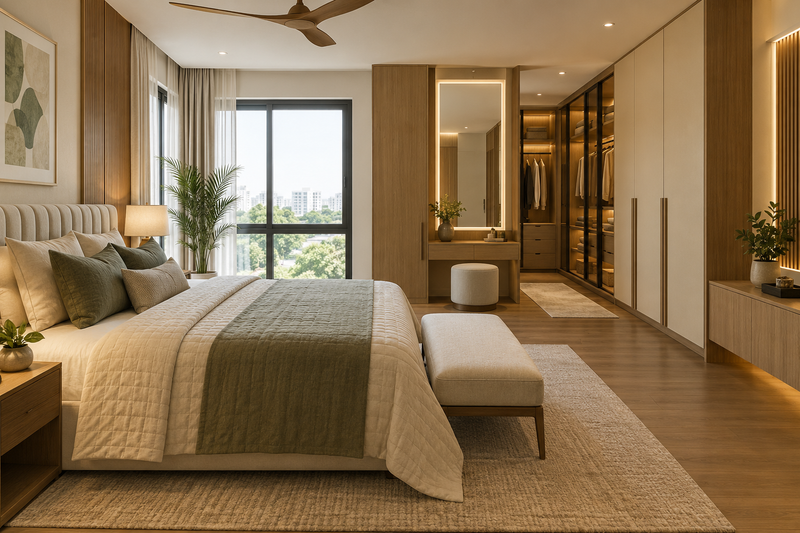 AI interior concept: completed bedroom and dressing area with neatly aligned cabinetry ready for occupation, pale stone and olive finishes.