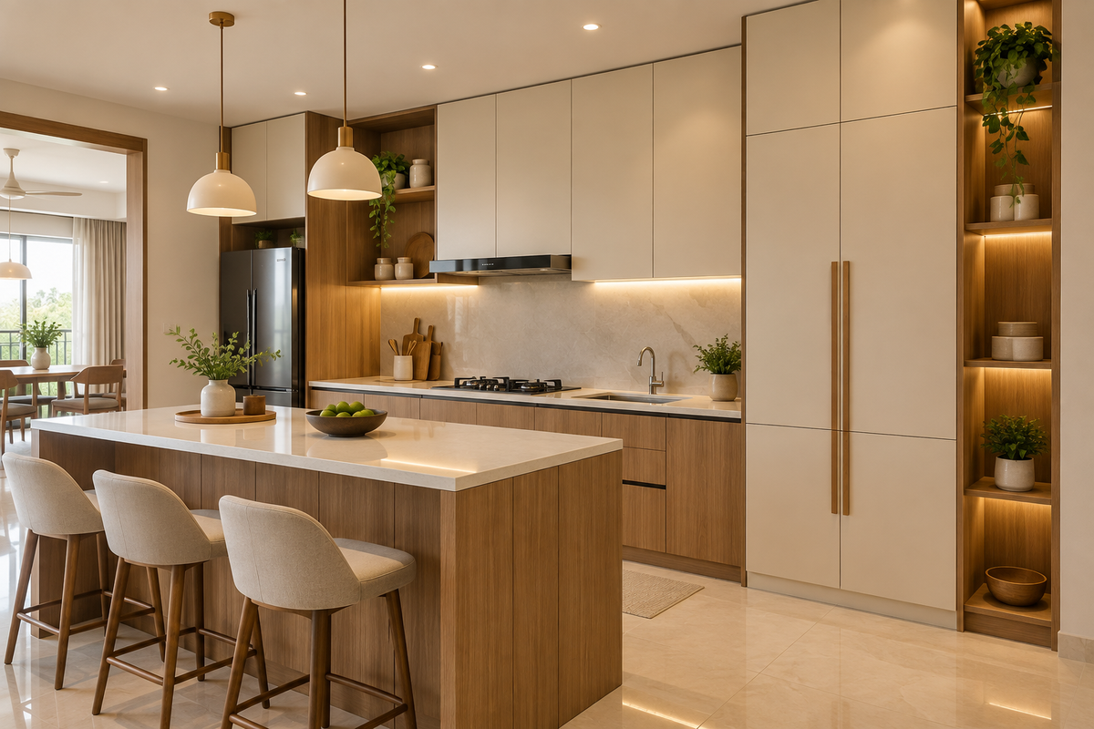 AI interior concept: modern kitchen with thoughtfully coordinated tall pantry and adjacent cabinet units, ivory and understated terracotta finishes.