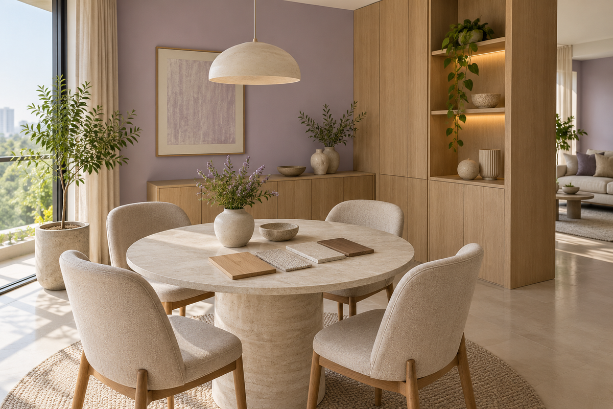 AI interior concept: pale stone dining table with finish samples, oak storage and a soft lavender wall.