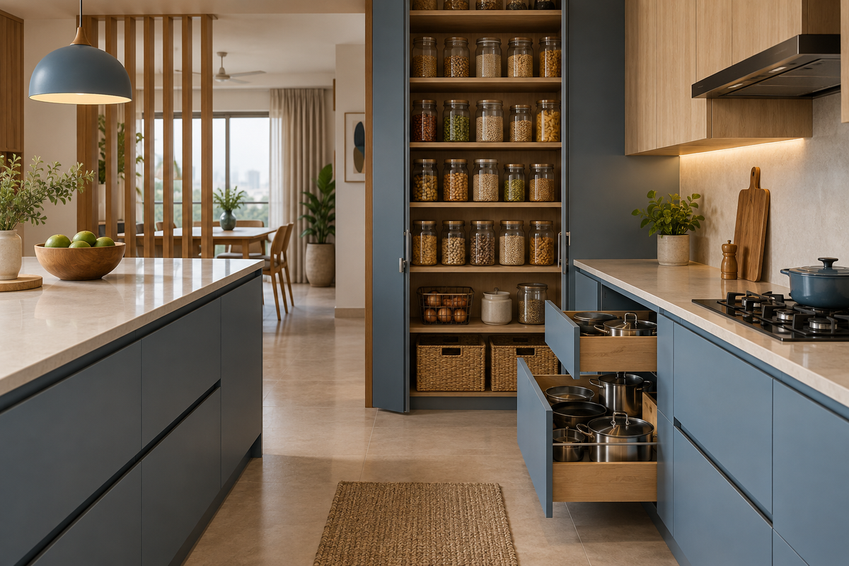 AI interior concept: modern kitchen pantry with orderly jars without labels and open cookware drawer, soft clay and cream finishes.
