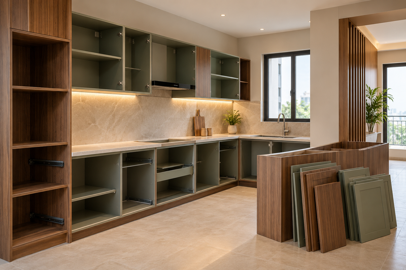 AI interior concept: partially installed kitchen with cabinet carcasses neatly fitted and shutters staged orderly nearby, ivory and understated terracotta finishes.